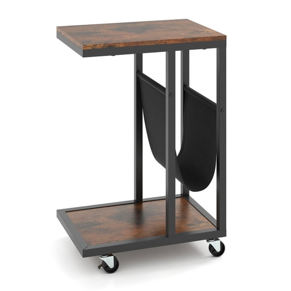 Furnibear C-shaped Side Table with Canvas Storage Pouch and Metal Frame, Rustic Brown