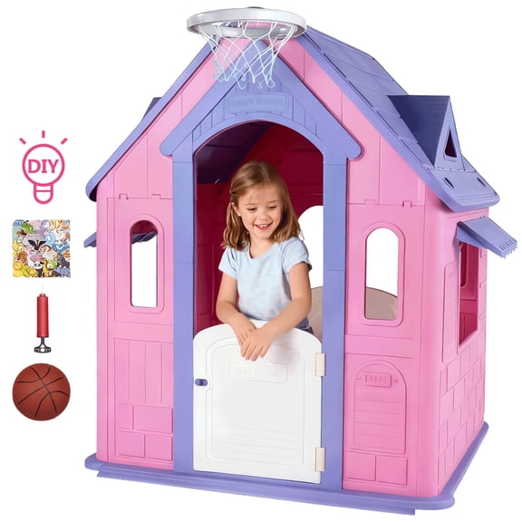Furnibear Kids Playhouse for Indoor Outdoor,Large Garden House with Basketball Ring Toss Play and DIY Stickers Kids Play Equipment Gift for Girls Boys Ages 2+,Easy Assembly