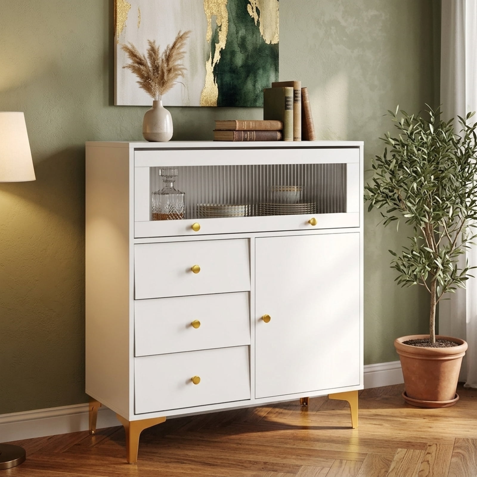Furnibear Chest of Drawers with Flip Up Fluted Glass Door 3 Drawer Storage Cabinet Dresser for Bedroom Living Room Kitchen, Gray