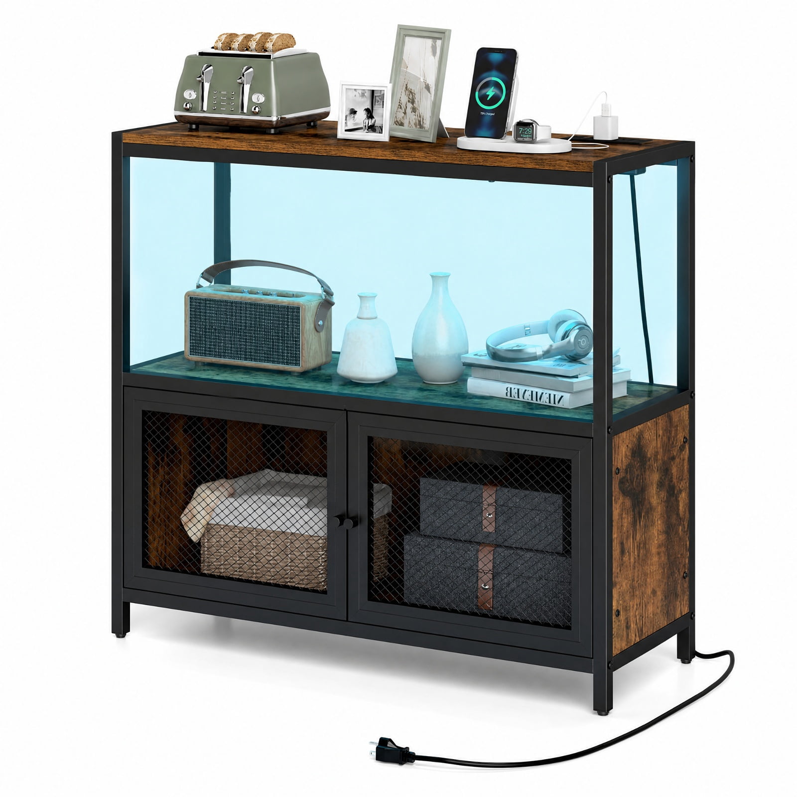 Furnibear Coffee Bar Cabinet with LED Lights and Built in Charging Station 3 Tier Open Shelf Storage for Home Kitchen Coffee Station, Rustic Brown