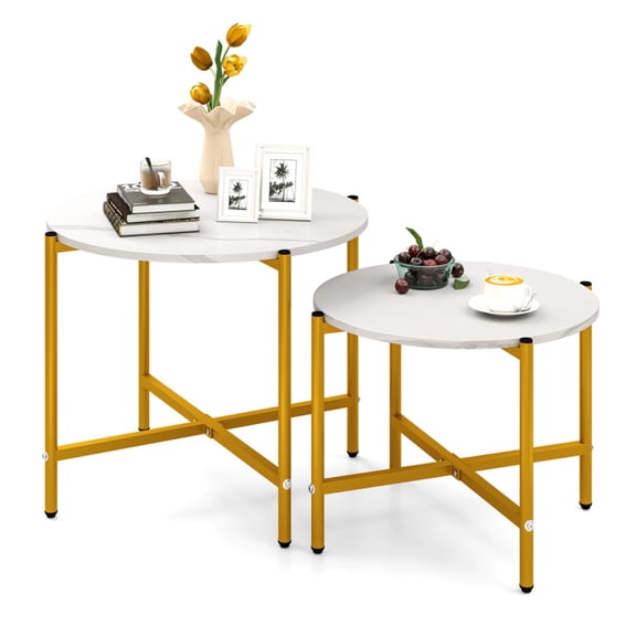 Furnibear Coffee Table Set of 2 for Small Spaces, Modern Circle Side Tables with Heavy-Duty X-Shaped Metal Frame & Adjustable Foot Pads, 200 lbs Capacity, Use Together or Separately, White