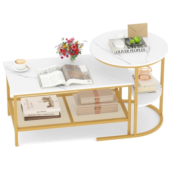Furnibear Coffee Table Set of 2, Rectangle Coffee Table and Side End Table with Mesh and Semicircular Shelves, White and Gold