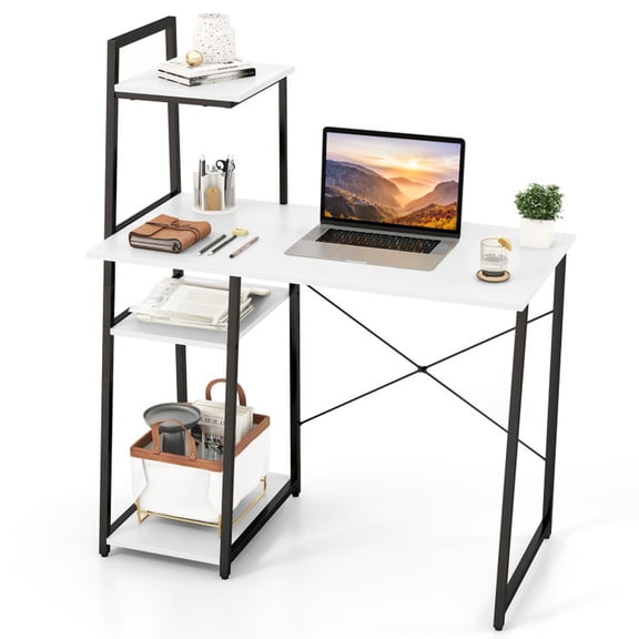 Furnibear Compact Computer Desk Workstation with 4 Tier Storage Shelves CPU Stand for Home Office - White