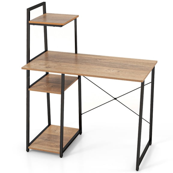Furnibear Compact Computer Desk Workstation with 4 Tier Storage Shelves and Metal Frame for Home Office, Natural