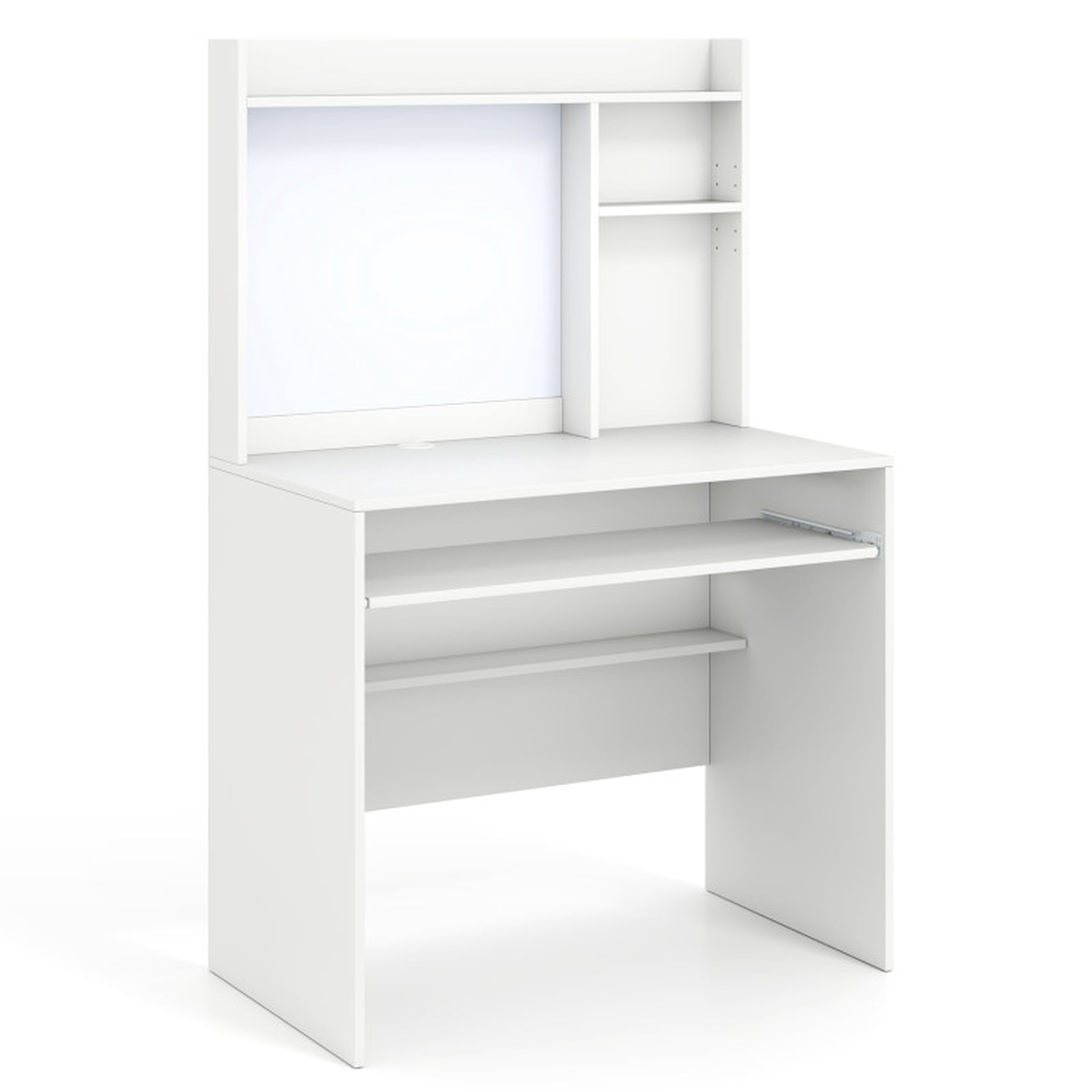 Furnibear Compact Computer Desk with Hutch Office Workstation with Magnetic Whiteboard Pull Out Keyboard Tray and Adjustable Shelf for Bedroom, White