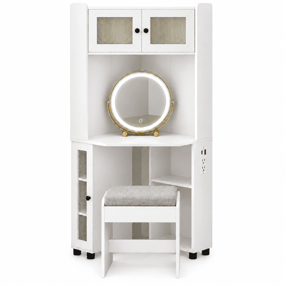Furnibear Compact Corner Vanity Desk with Rotating Mirror and Lights, Cushioned Stool, Cabinet Storage for Bedroom, White