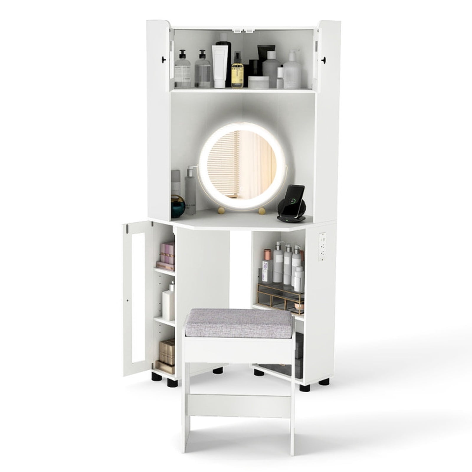 Furnibear Compact Corner Vanity Desk with 360 Rotating Lighted Mirror Cabinets and Stool for Small Bedroom Makeup Room, White