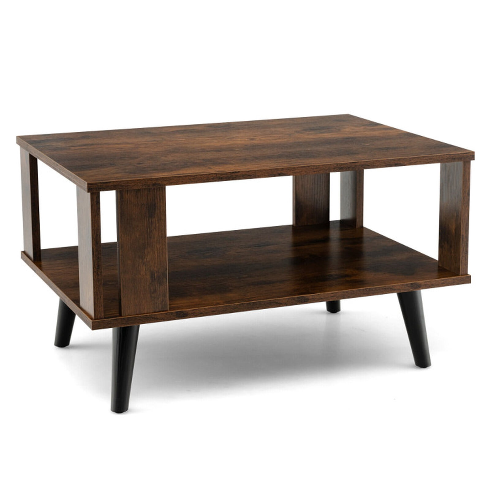 Furnibear Compact Retro Mid-Century Coffee Table with Storage Open Shelf - Rustic Brown - Living Room Cocktail Center Table