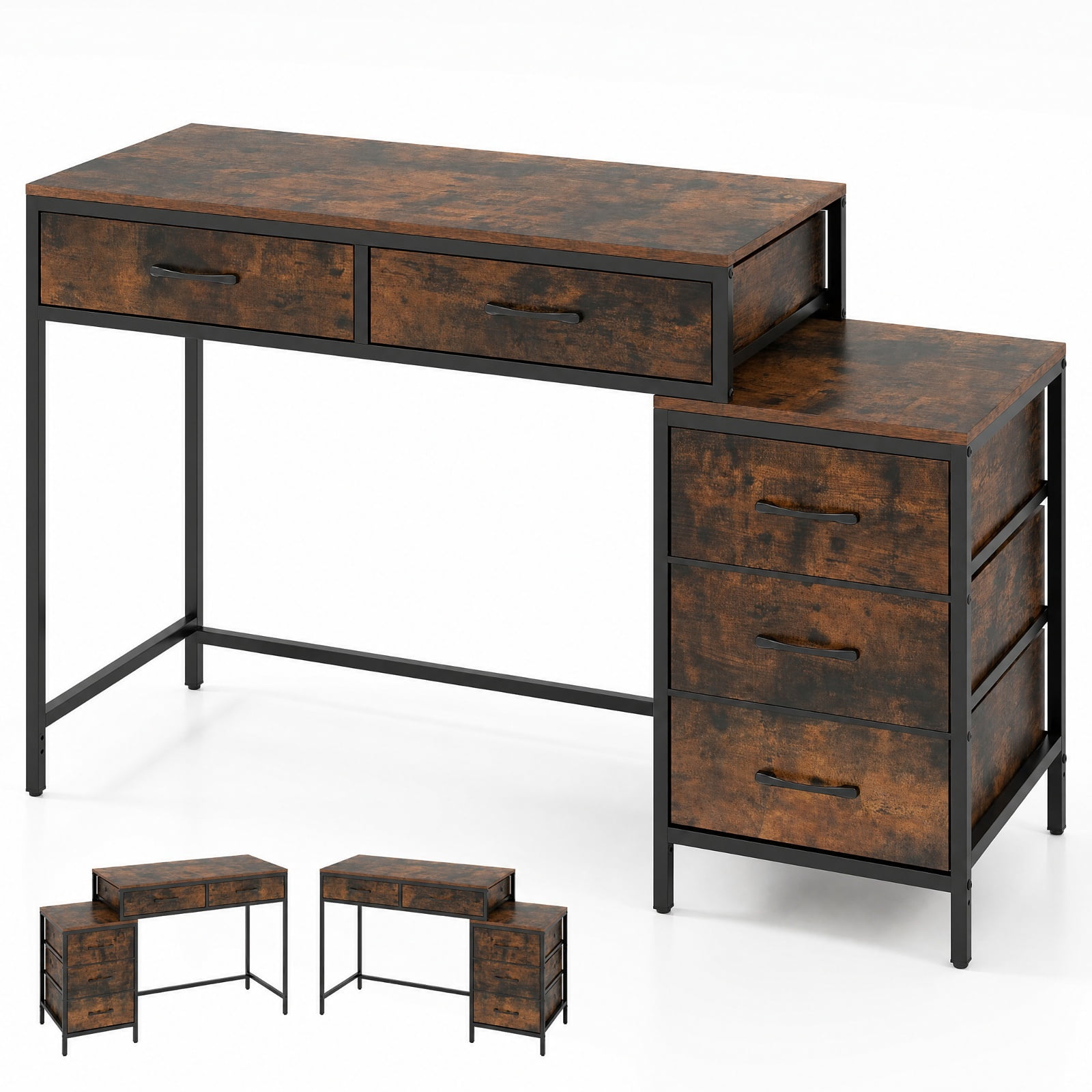 Furnibear Computer Desk with 5 Drawers and Printer Stand for Bedroom and Small Spaces for Home Office Study Computer Writing Workstation, Rustic Brown