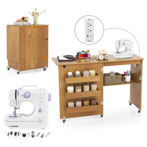 Furnibear Folding Sewing Machine Table with Charging Station, Rolling Computer Desk with 3-Tier Shelf and Lockable Casters for Home Studio, Natural