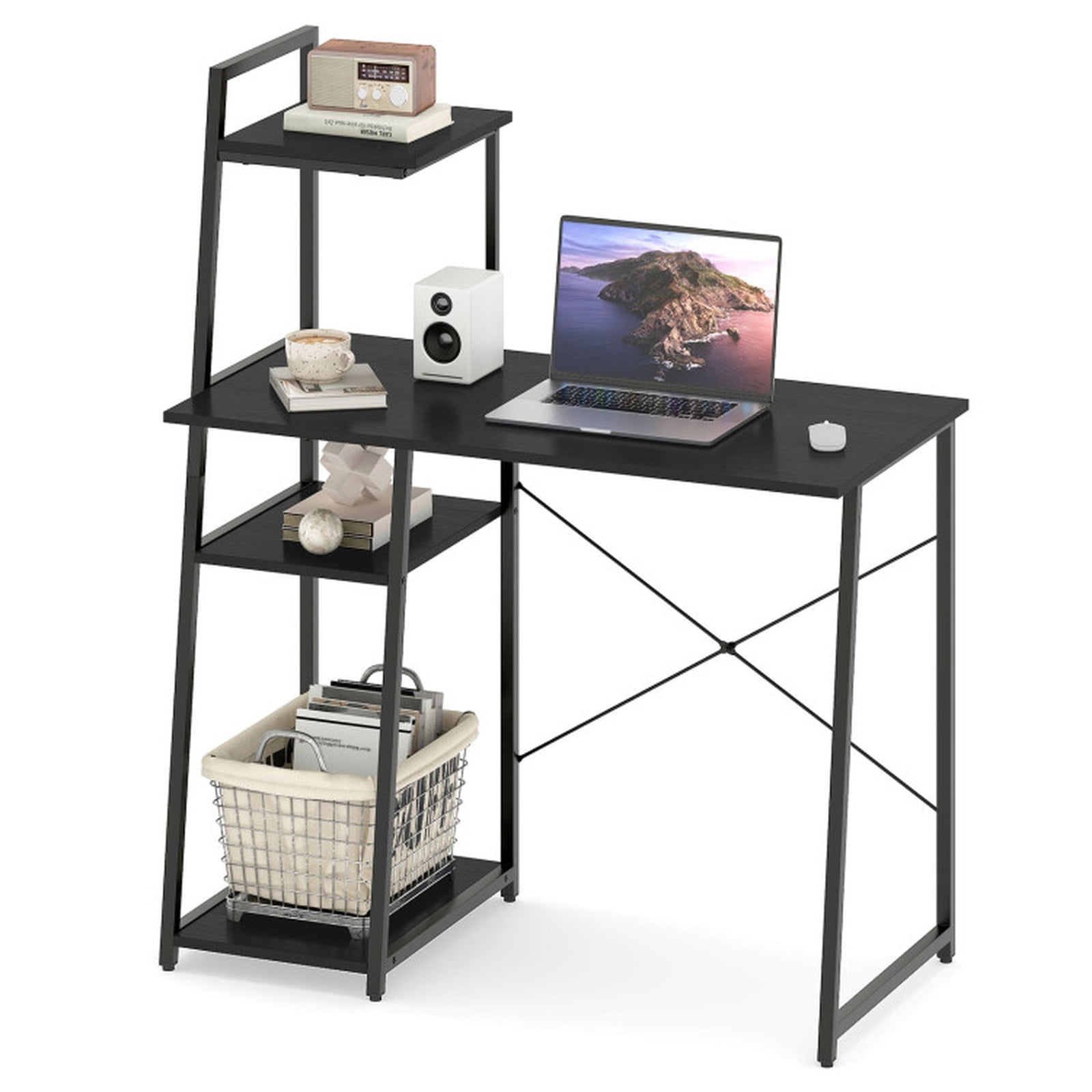 Furnibear Computer Desk with 3-Tier Storage Bookshelf Metal Frame Home Office Writing Workstation and Open Display Shelves, Black