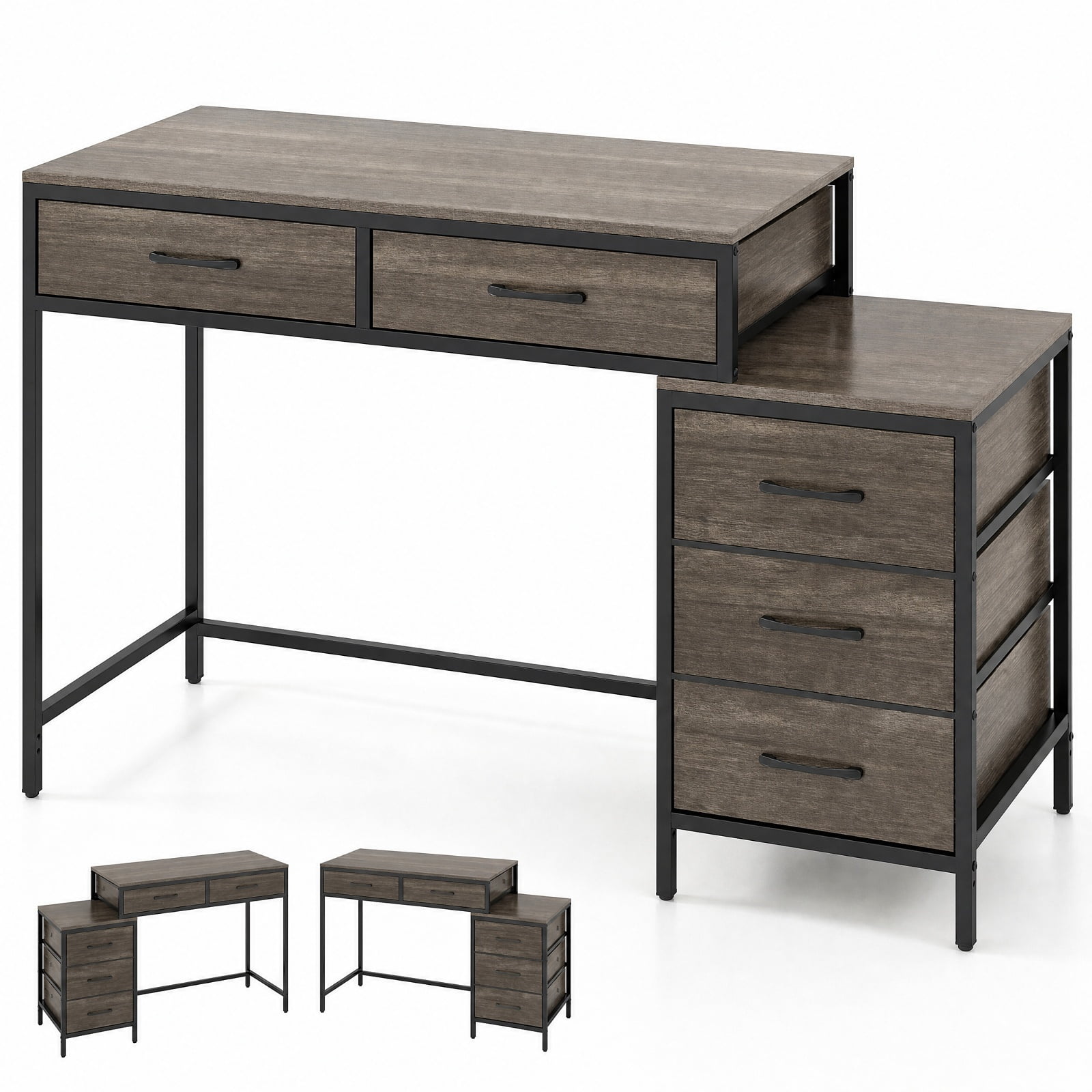 Furnibear Computer Desk with 5 Drawers and Printer Stand for Bedroom and Small Spaces for Home Office Study Computer Writing Workstation, Oak
