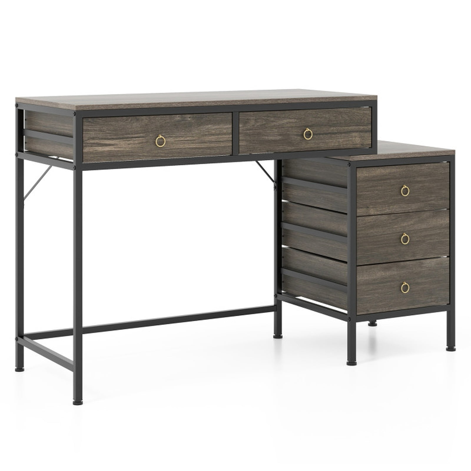 Furnibear Computer Desk with 5 Drawers, Home Office Desk with Side File Cabinet and Metal Frame for Study Writing Working, Grey