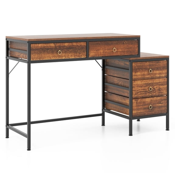Furnibear Computer Desk with 5 Drawers and Side File Cabinet, Home Office Desk with Metal Frame and Storage, Rustic Brown and Black