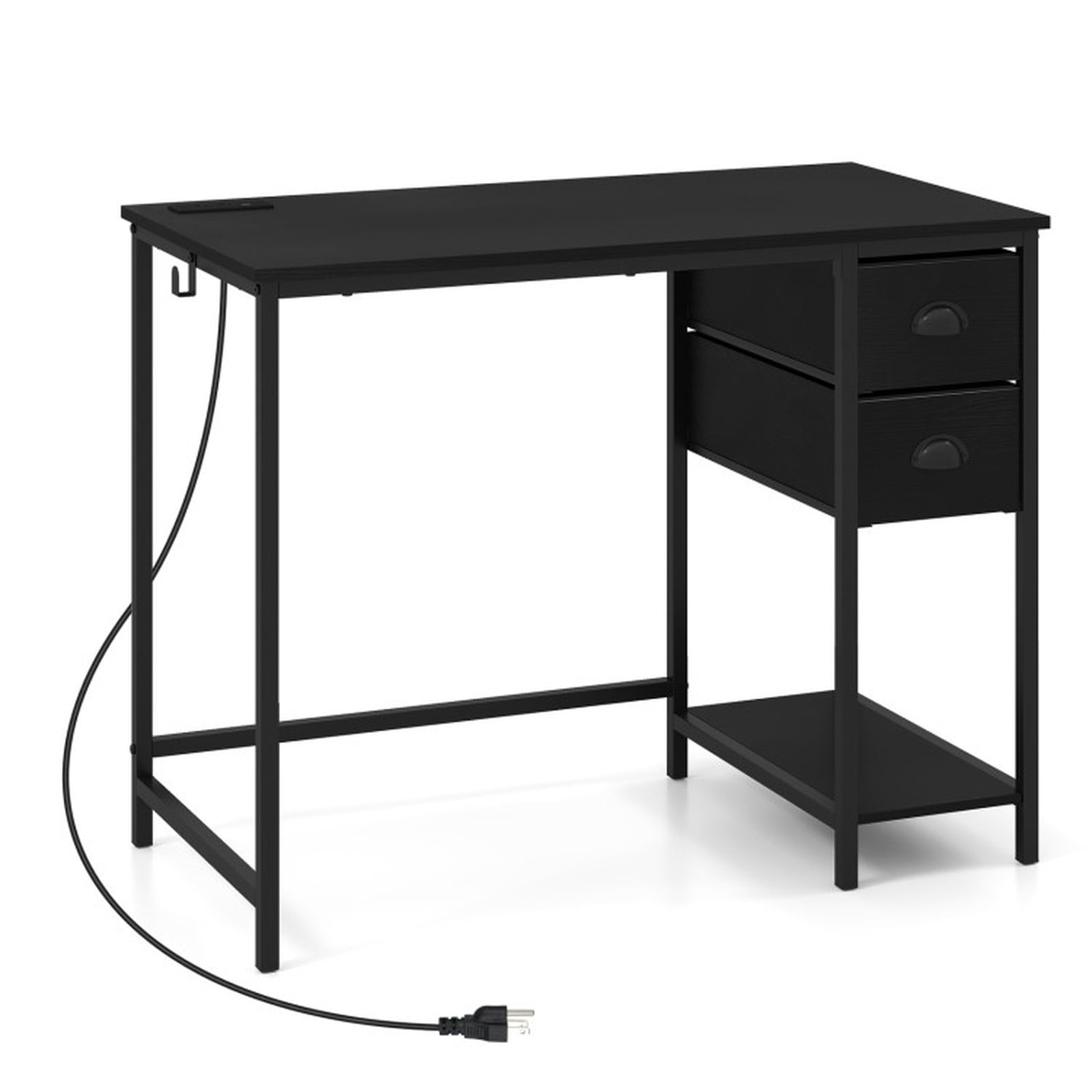 Furnibear Computer Desk with Charging Station and 2 Fabric Drawers, 38 Inch Small Home Office Desk with Headphone Hook and Metal Frame, Black