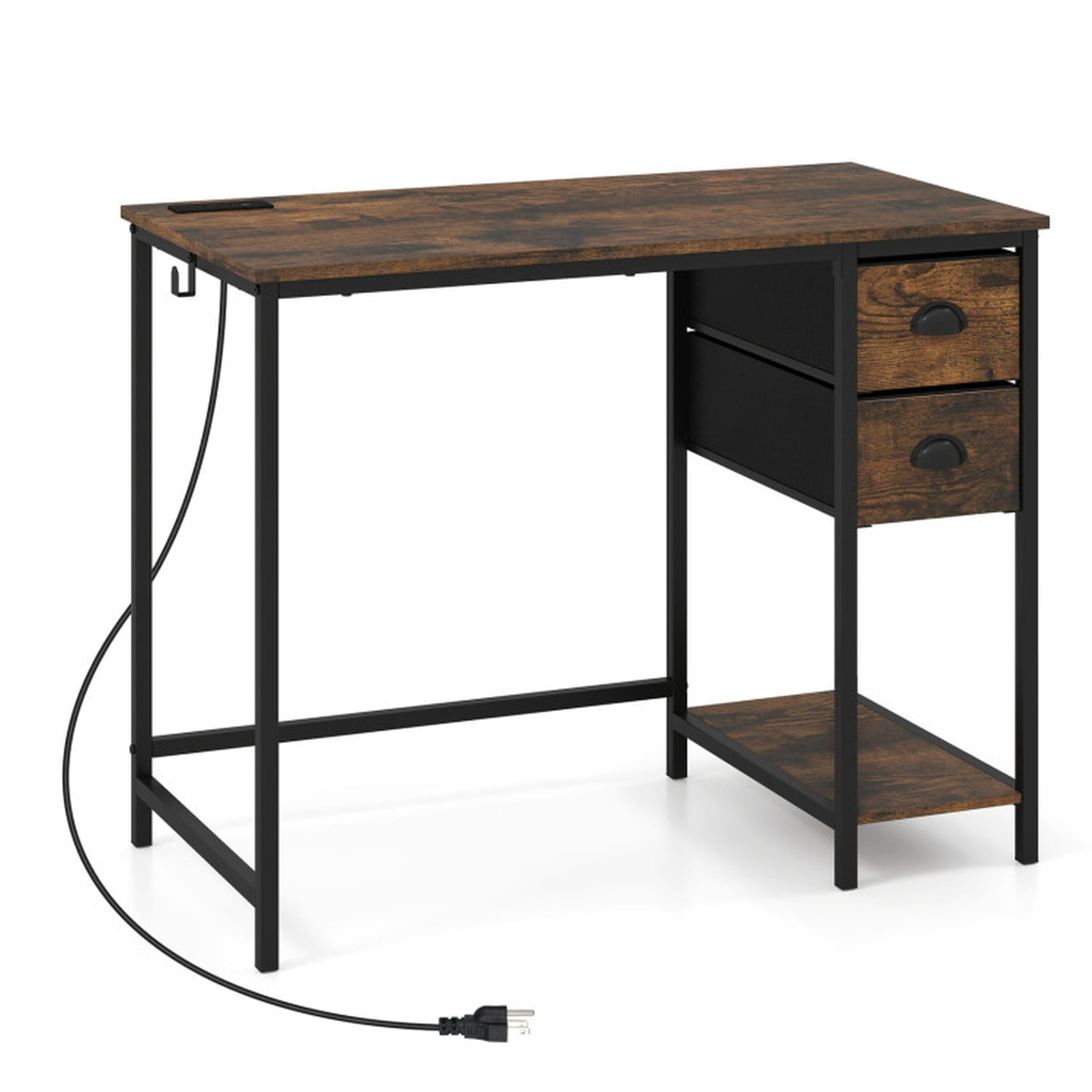 Furnibear Computer Desk Small Home Office Desk with Charging Station and 2 Fabric Drawers for Small Spaces Study, Rustic Brown