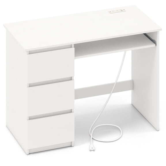 Furnibear Computer Desk with Power Outlet Keyboard Tray and 3 Large Drawers, White