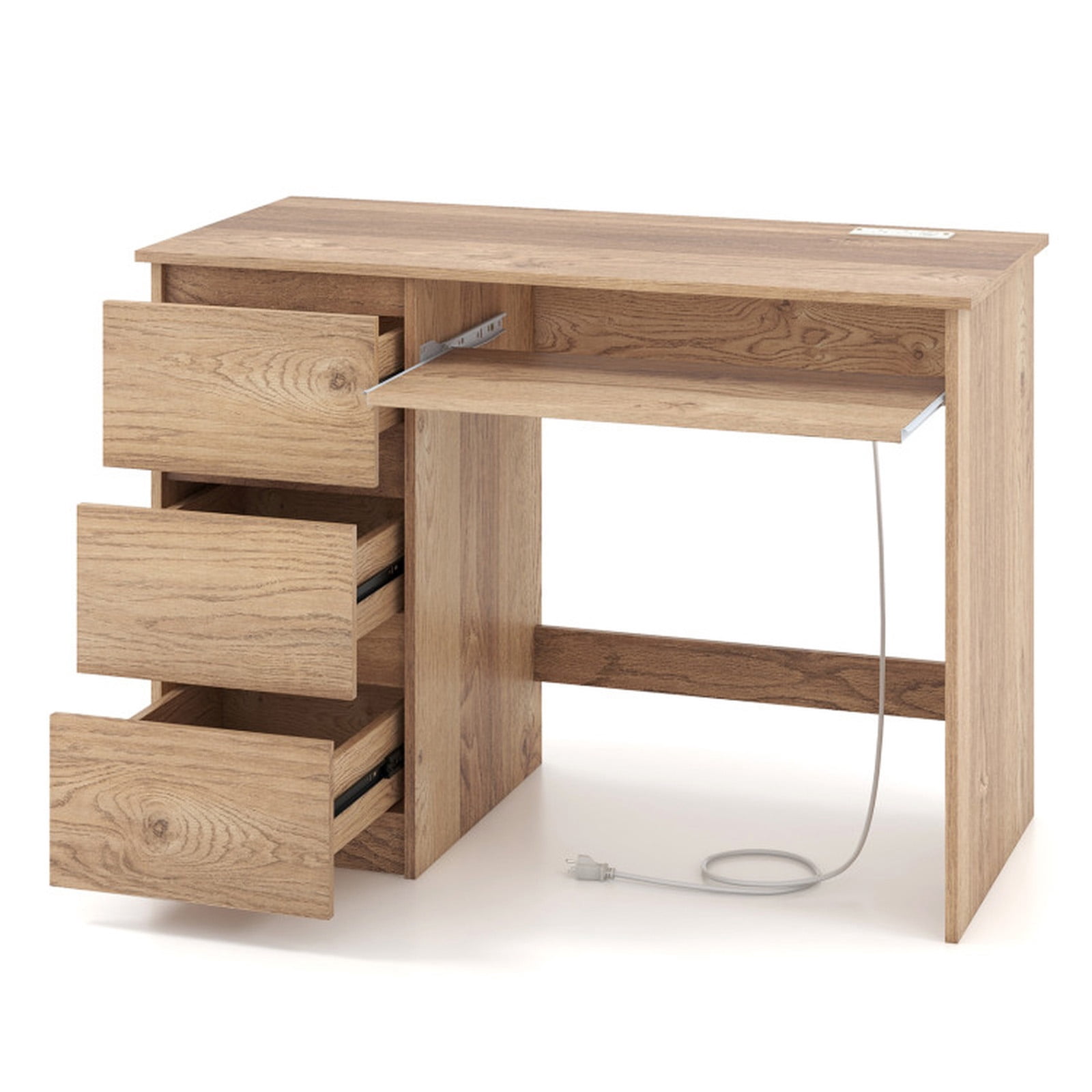 Furnibear Computer Desk with Power Outlet, Home Office Desk with Keyboard Tray and 3 Drawers, USB Type-C Charging Study Writing Desk, Natural
