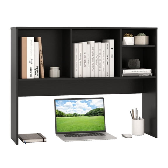 Furnibear Computer Desktop Bookcase with 4 Cubbies and Open Back Compartment Black, 37" x 10" x 29" - Open Storage Display Rack for Home Office