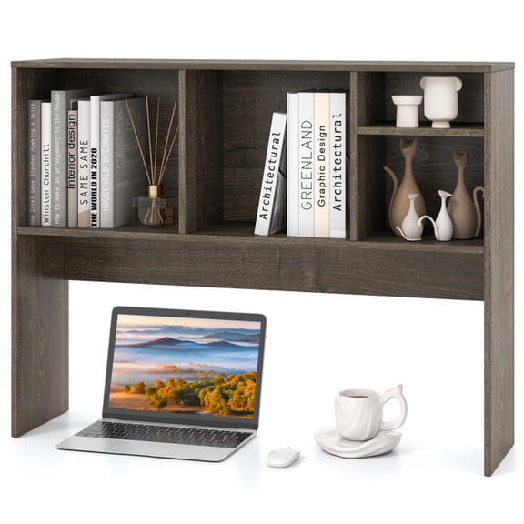 Furnibear Computer Desktop Bookcase with 4 Cubbies and Open Back Compartment Gray, 37" x 10" x 29" - Open Storage Display Rack for Home Office