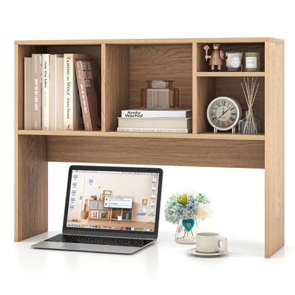 Furnibear Computer Desktop Bookcase with 4 Cubbies and Open Back Compartment Natural, 37" x 10" x 29"
