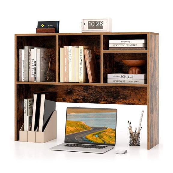 Furnibear Computer Desktop Bookcase with 4 Cubbies and Open Back Compartment Rustic Brown, 37" x 10" x 29"