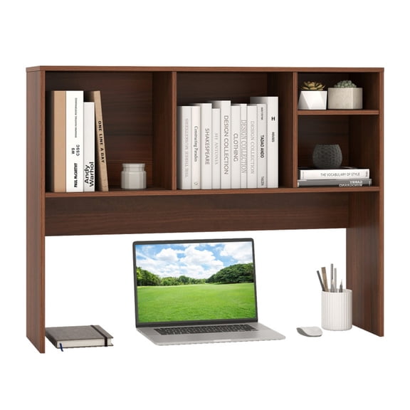 Furnibear Computer Desktop Bookcase with 4 Cubbies and Open Back Compartment Walnut, 37" x 10" x 29"