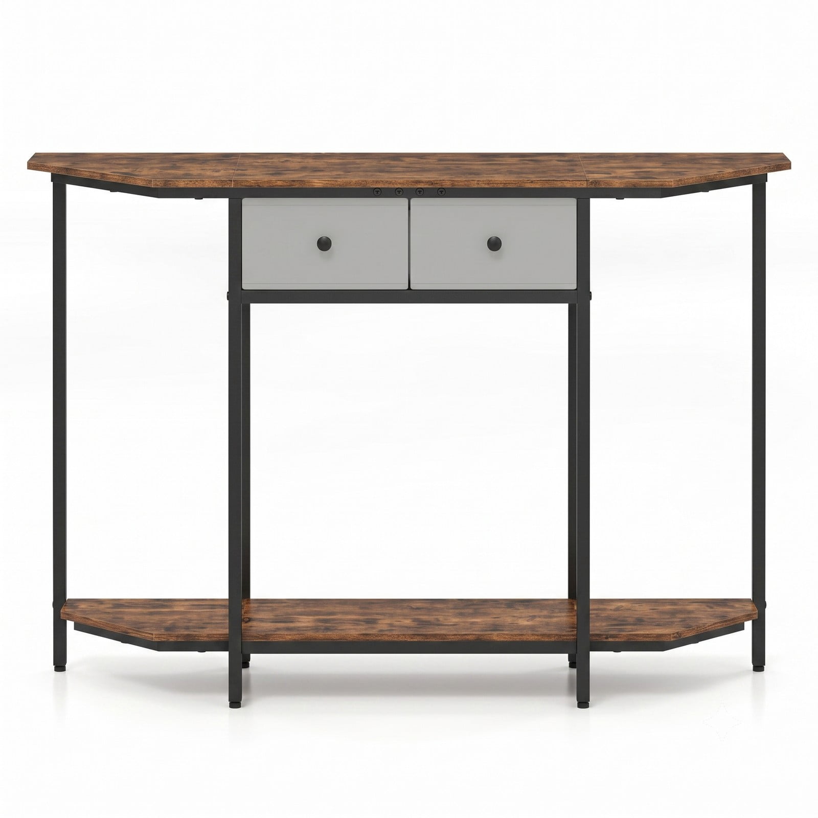Furnibear Console Table with 2 Drawers and Polygonal Top and Open Storage Shelf and Metal Frame for Entryway, Rustic Brown