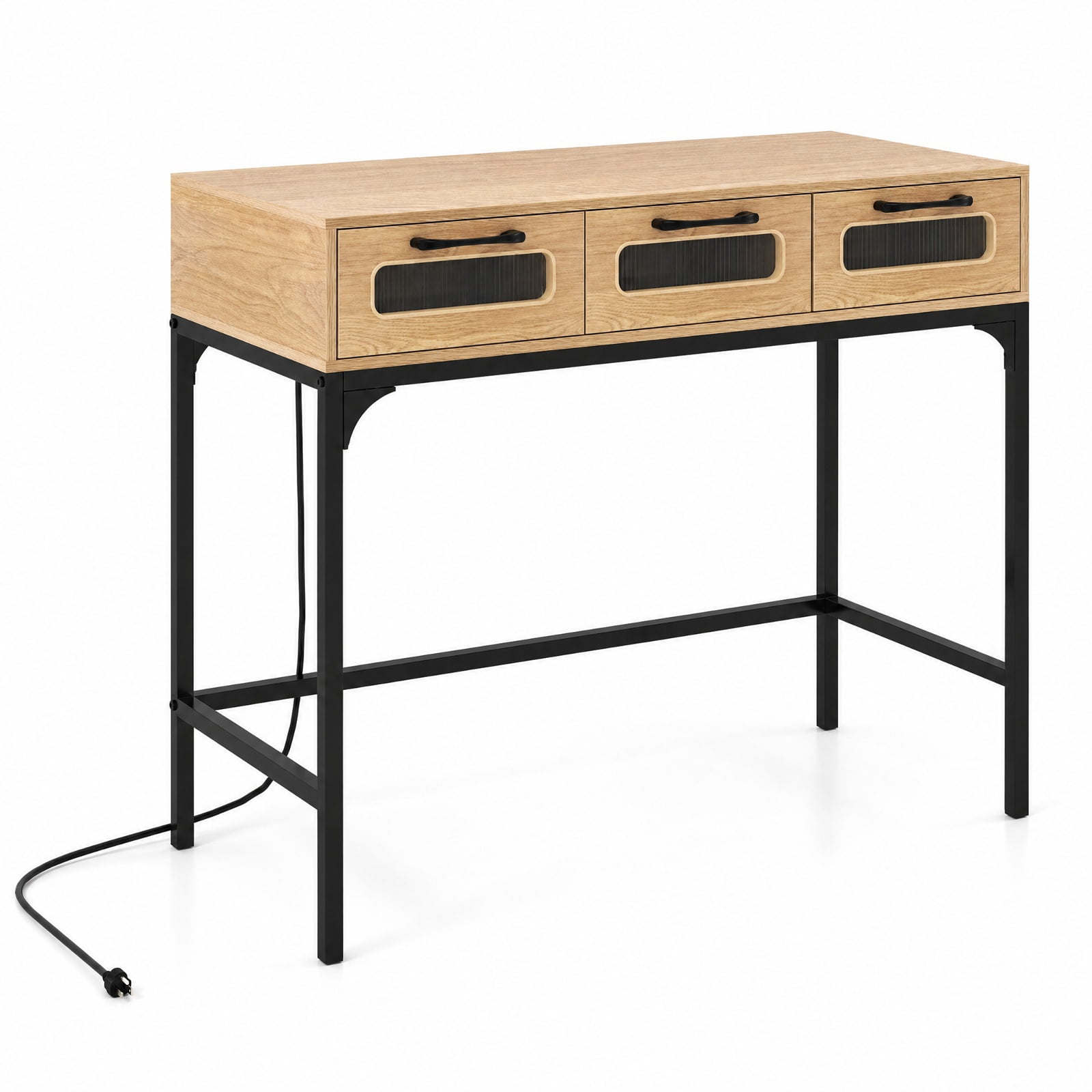 Furnibear Console Table with LED Lighting and Charging Station Entryway Table with Drawers for Living Room Hallway Sofa, Natural