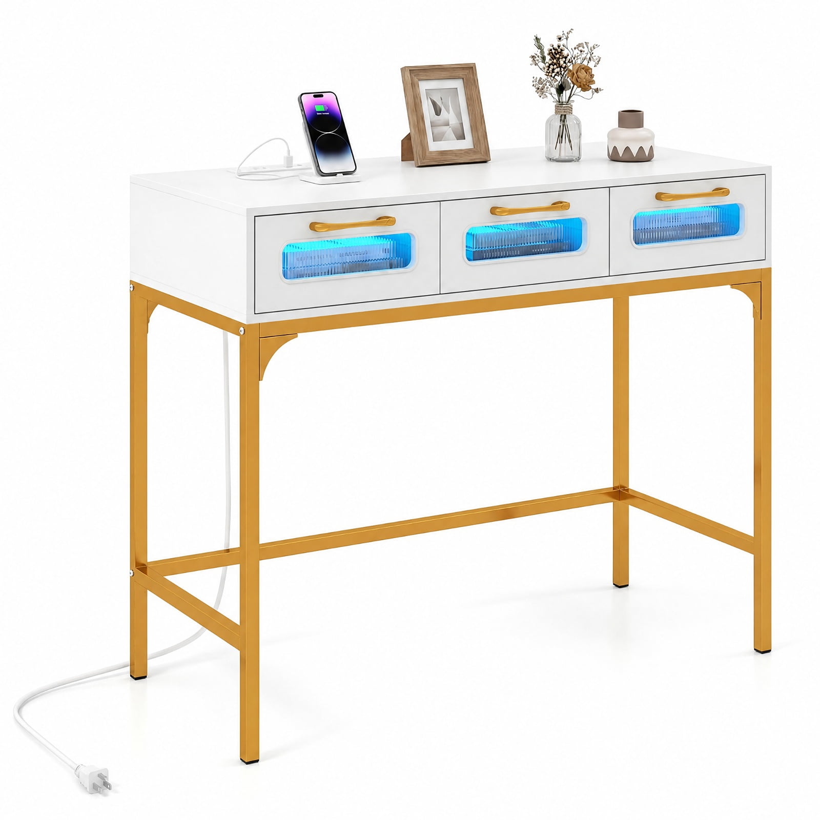 Furnibear Console Table with LED Lighting and Charging Station Entryway Table with Drawers for Living Room Hallway Sofa, White