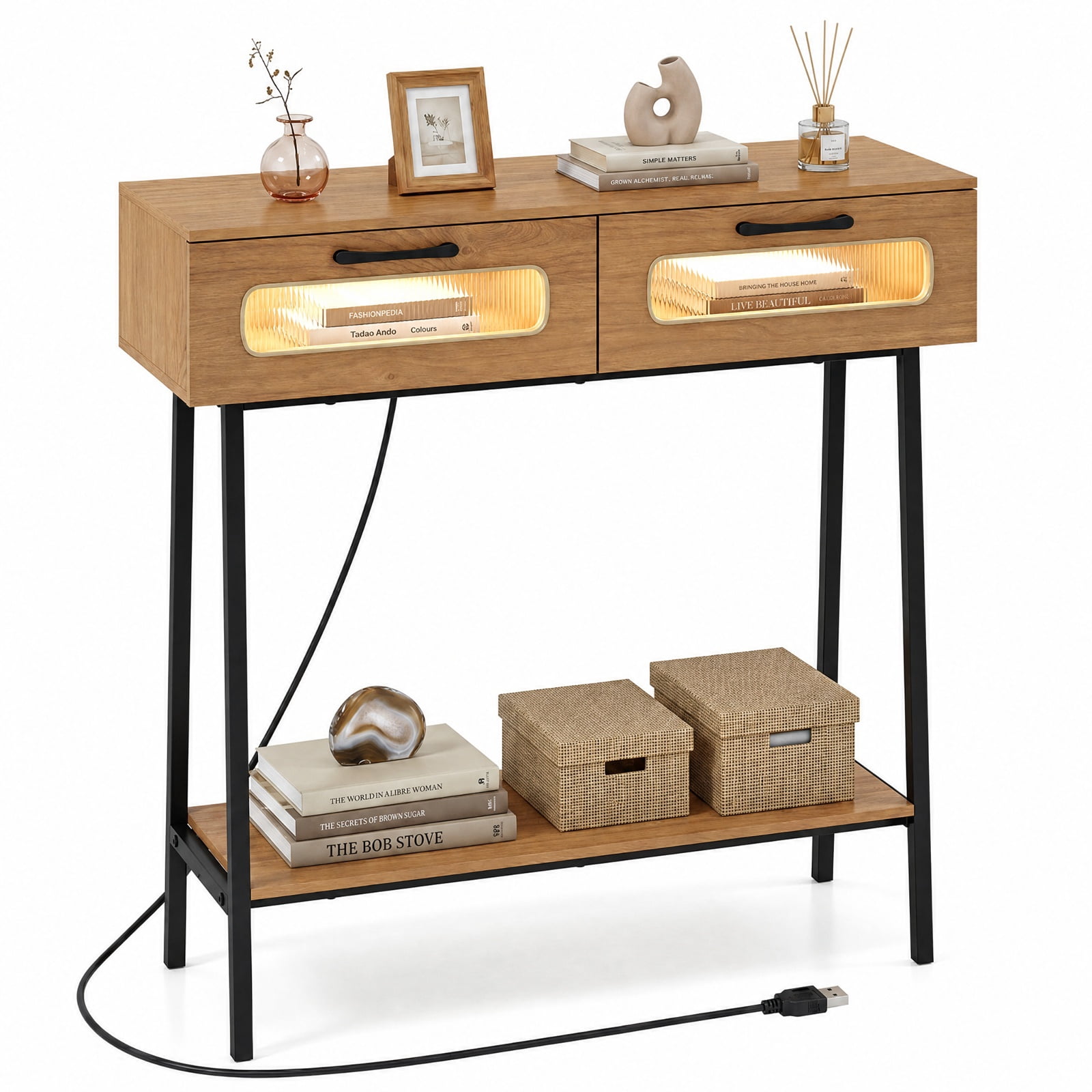 Furnibear Console Table with LED Lights and Open Shelf Entryway Table with 2 Drawers for Living Room Hallway Entrance Sofa, Natural