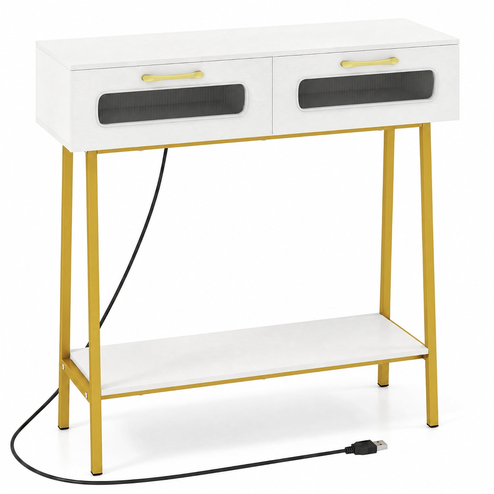 Furnibear Console Table with LED Lights and Open Shelf Entryway Table with 2 Drawers for Living Room Hallway Entrance Sofa, White
