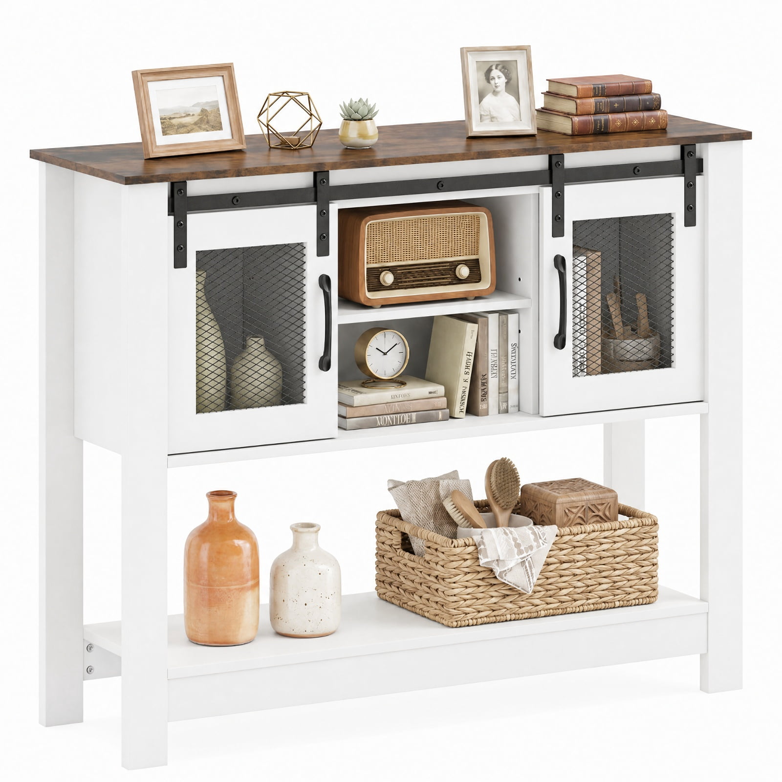 Furnibear Console Table with Sliding Barn Doors and Storage Cabinets Entryway Table for Living Room Hallway Sofa Narrow Space, Rustic Brown