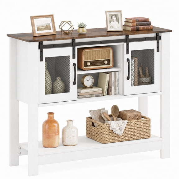 Furnibear Console Table with Sliding Barn Doors and Storage Cabinets Entryway Table for Living Room Hallway Sofa Narrow Space, Rustic Brown