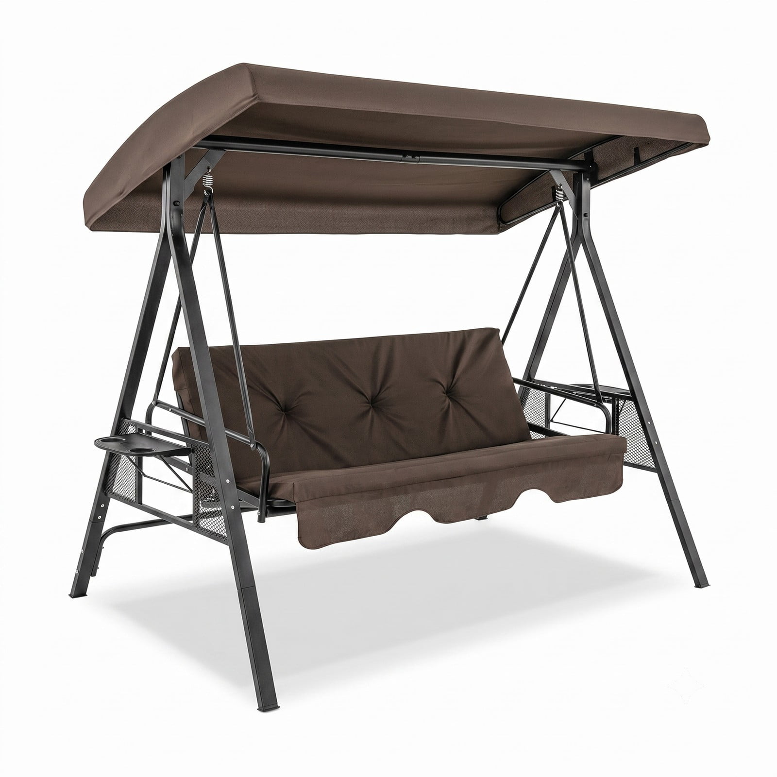 Furnibear Convertible 3-Seat Patio Porch Swing Chair to Flat Bed with Adjustable Canopy, Metal Frame Outdoor Swing Bench with Cushions, Side Tables and Sun, Brown