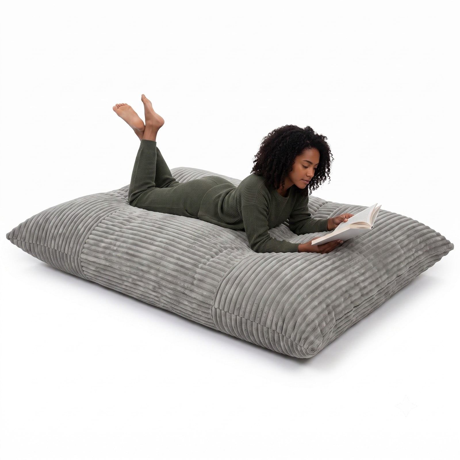 Furnibear Convertible Bean Bag Floor Sofa, Corduroy Machine-Washable Cover Shredded Foam Lounger Bean Bag Bed for Living Room Gaming Reading Dorm Naps, Gray