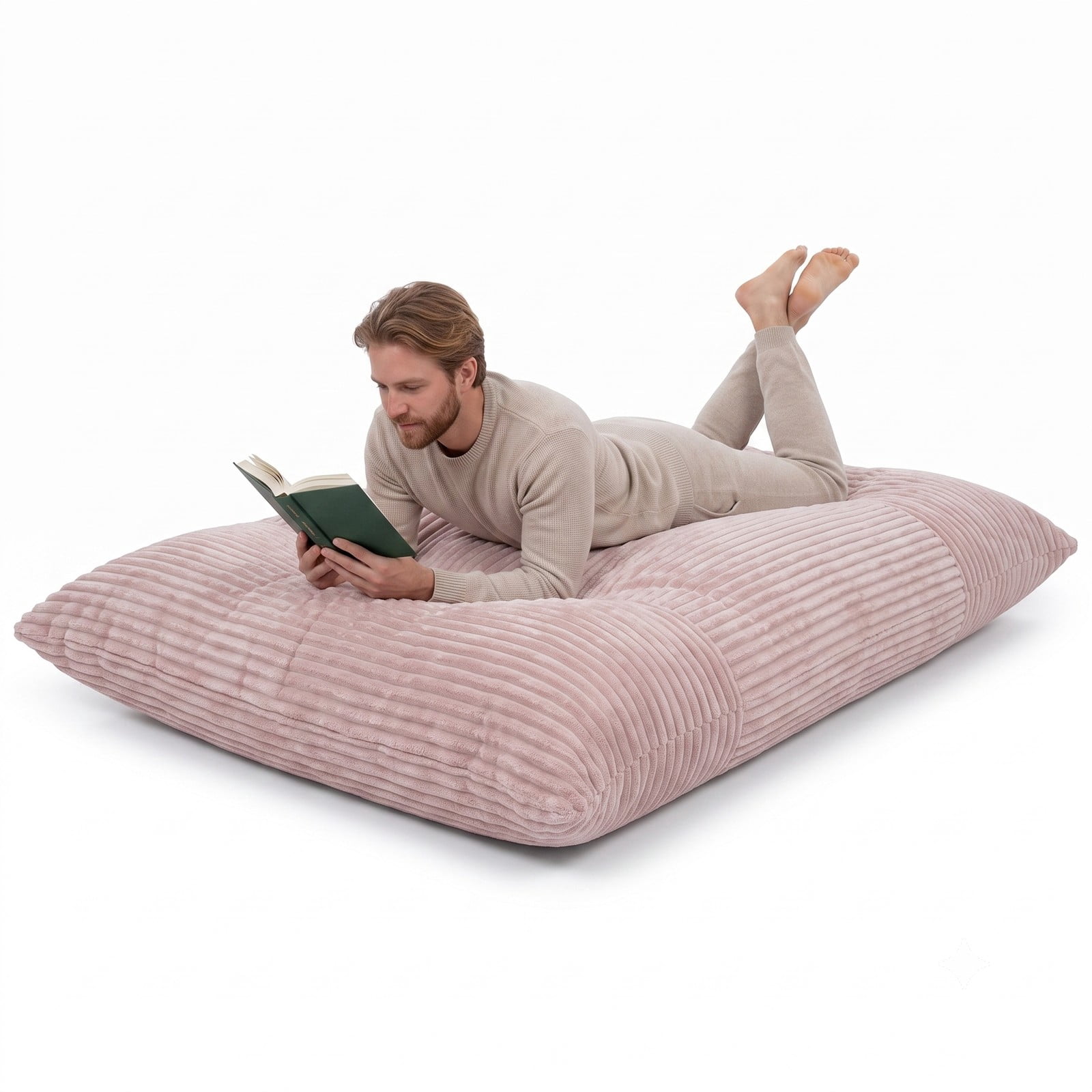 Furnibear Convertible Bean Bag Floor Sofa with Machine-Washable Corduroy Cover, Shredded Foam Lounger Bean Bag Bed for Dorm Living Room Gaming Reading Naps, Pink
