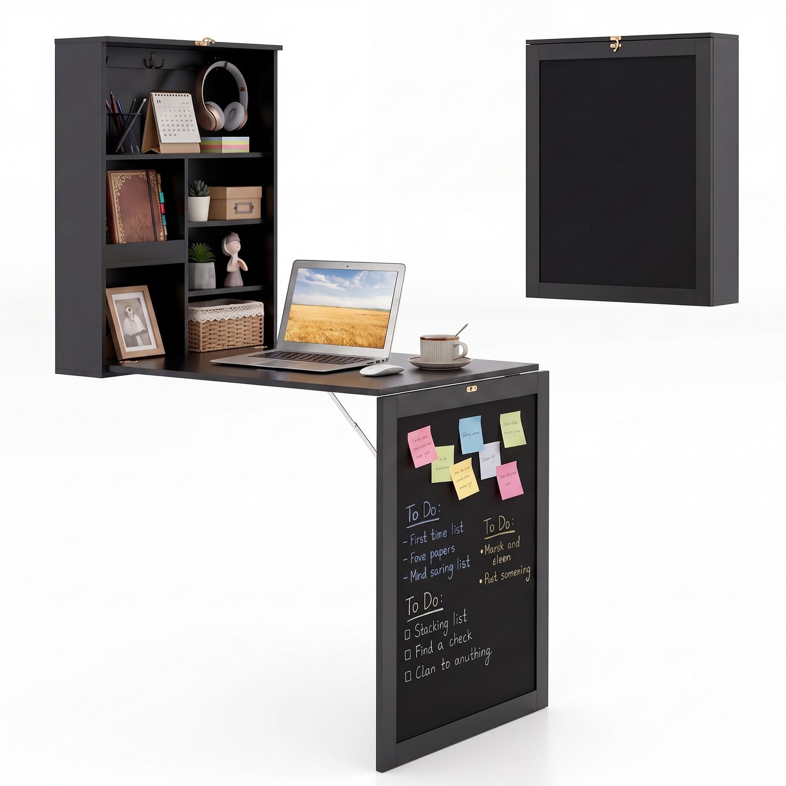 Furnibear Convertible Wall Mounted Folding Desk with Chalkboard, Space Saving Fold Down Wall Table with 6 Storage Cubes and 3 Hooks for Home Office Study, Black