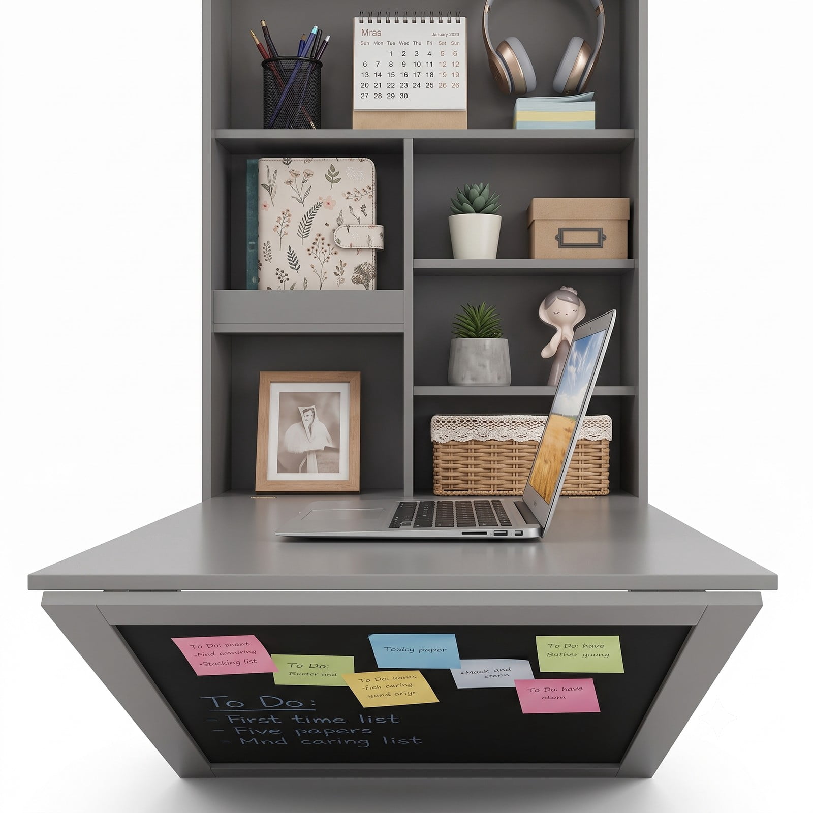 Furnibear Convertible Wall Mounted Folding Table with Chalkboard, Fold Down Space Saving Wall Desk with 6 Storage Cubes and 3 Hooks for Kids Study Home Office, Gray