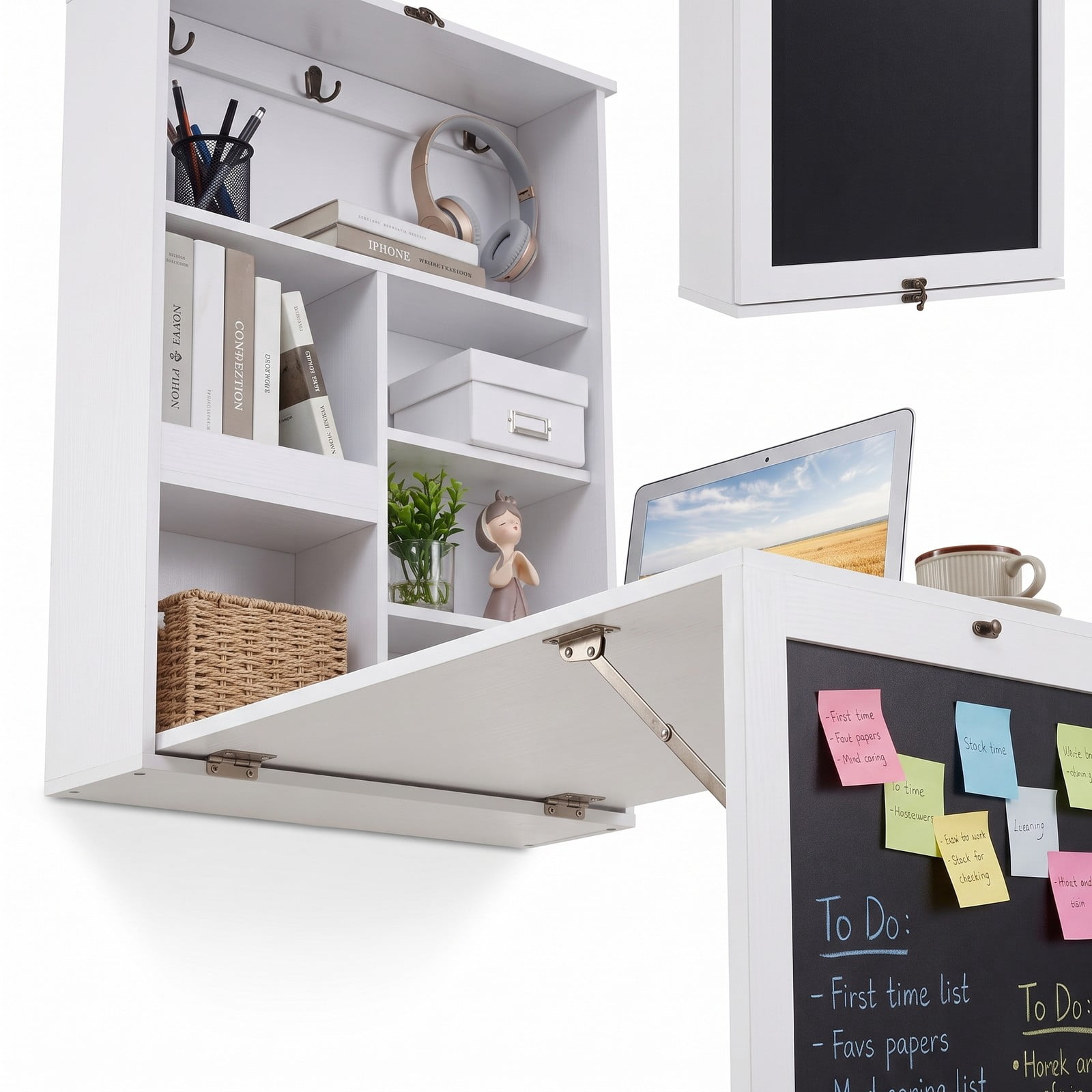 Furnibear Convertible Wall Mounted Folding Table with Chalkboard, Space Saving Fold Down Wall Desk with 6 Storage Cubes and 3 Hooks for Kids Study Home Office, White