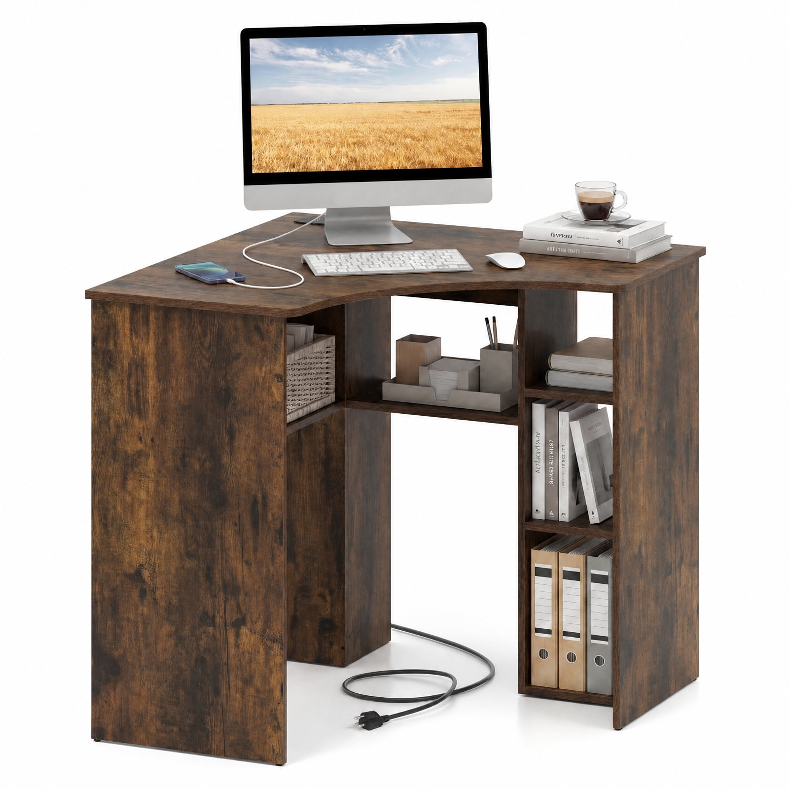 Furnibear Corner Computer Desk with Adjustable Shelf and Arc-Shaped Profile Triangle Home Office Desk with 5 Shelves for Study, Rustic Brown