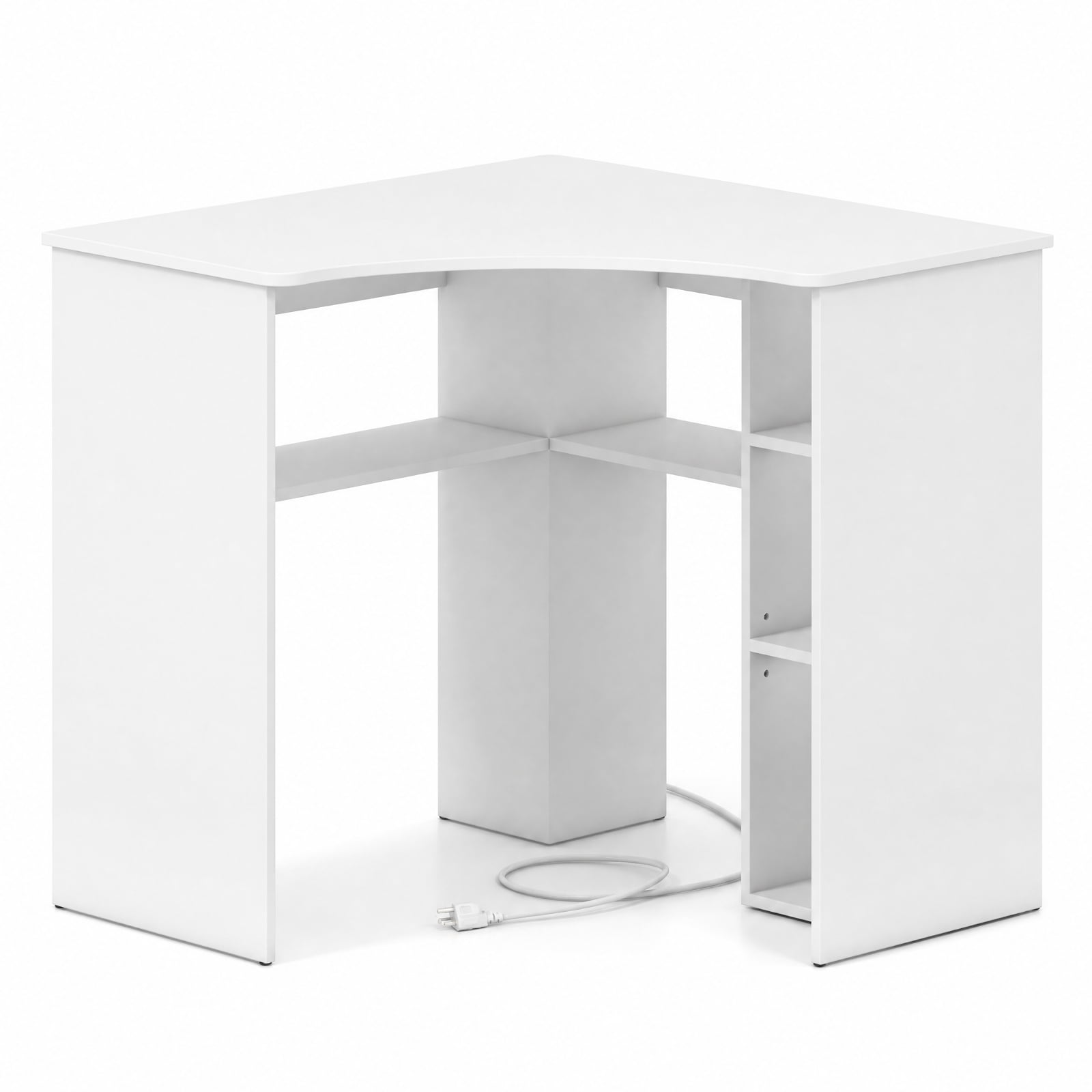 Furnibear Corner Computer Desk with Adjustable Shelf and Arc-Shaped Profile Triangle Home Office Desk with Open Shelves for Study, White