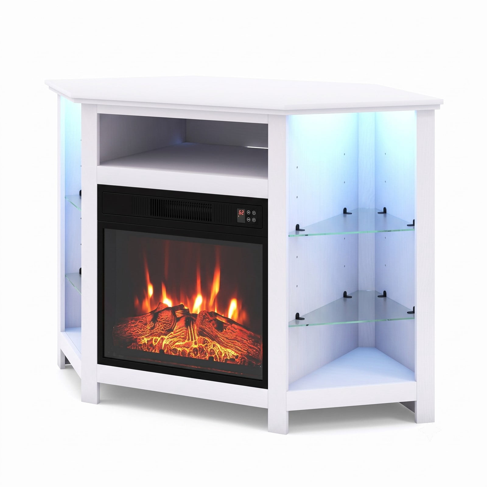 Furnibear Corner Fireplace TV Stand with LED Lights and Smart APP Control for TVs up to 50 Inches, Electric Media Console with Glass Shelves and Adjustable Flame, White