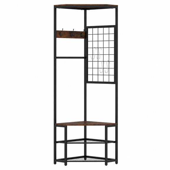Furnibear Corner Freestanding Hall Tree Coat Rack with Storage Shelves and Removable Hooks for Entryway and Bedroom, Rustic Brown
