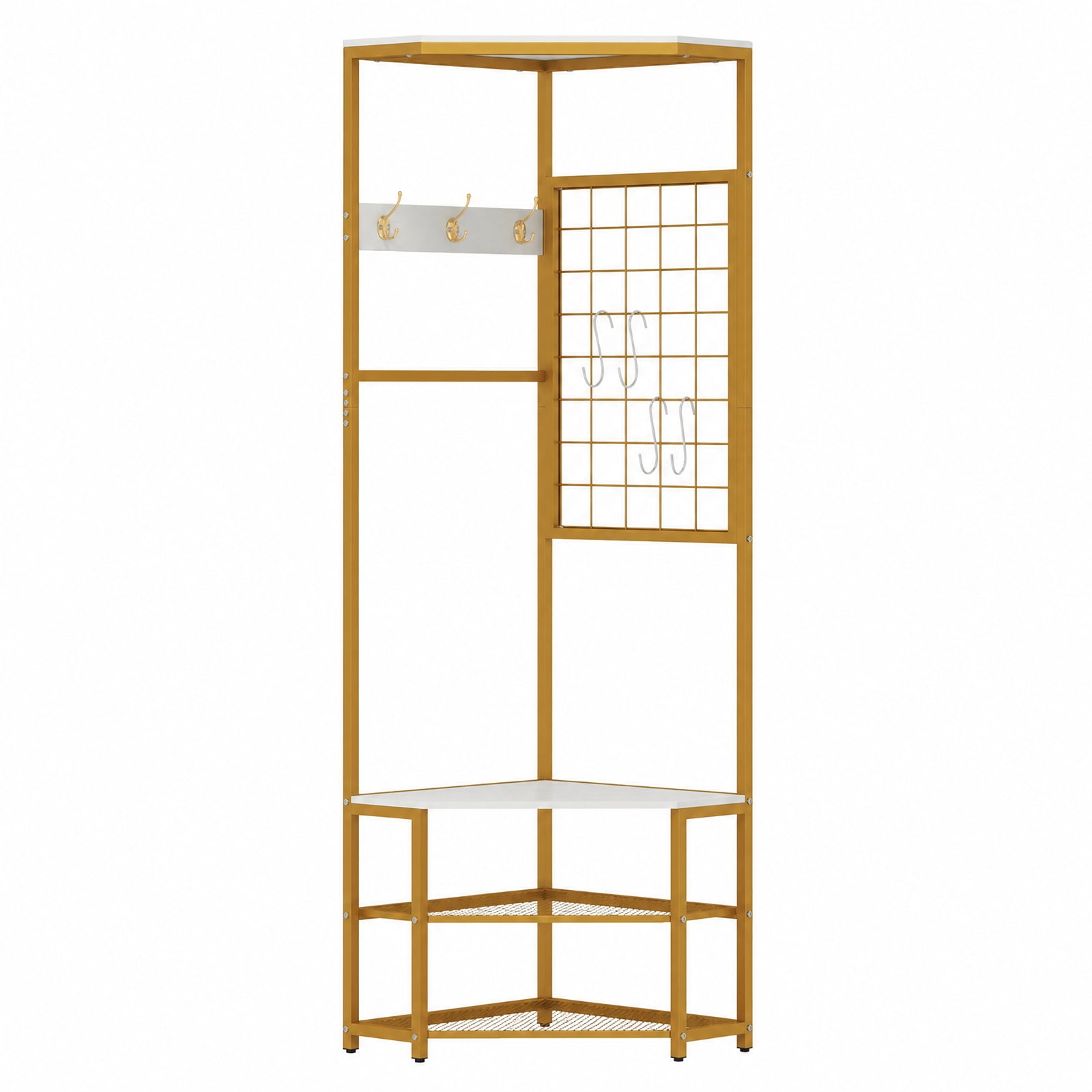 Furnibear Corner Freestanding Hall Tree Coat Rack with Storage Shelves and Removable Hooks for Entryway and Bedroom, White