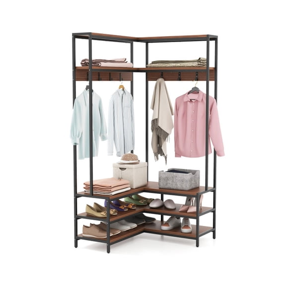 Furnibear Corner Garment Rack with Shelves, Clothes Rack with 7 Hooks and Shoe Bench for Entryway, Walnut