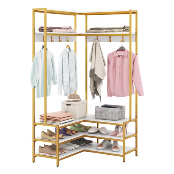 Furnibear Corner Garment Rack with Shelves, Clothes Rack with 7 Hooks and Shoe Bench for Entryway, White