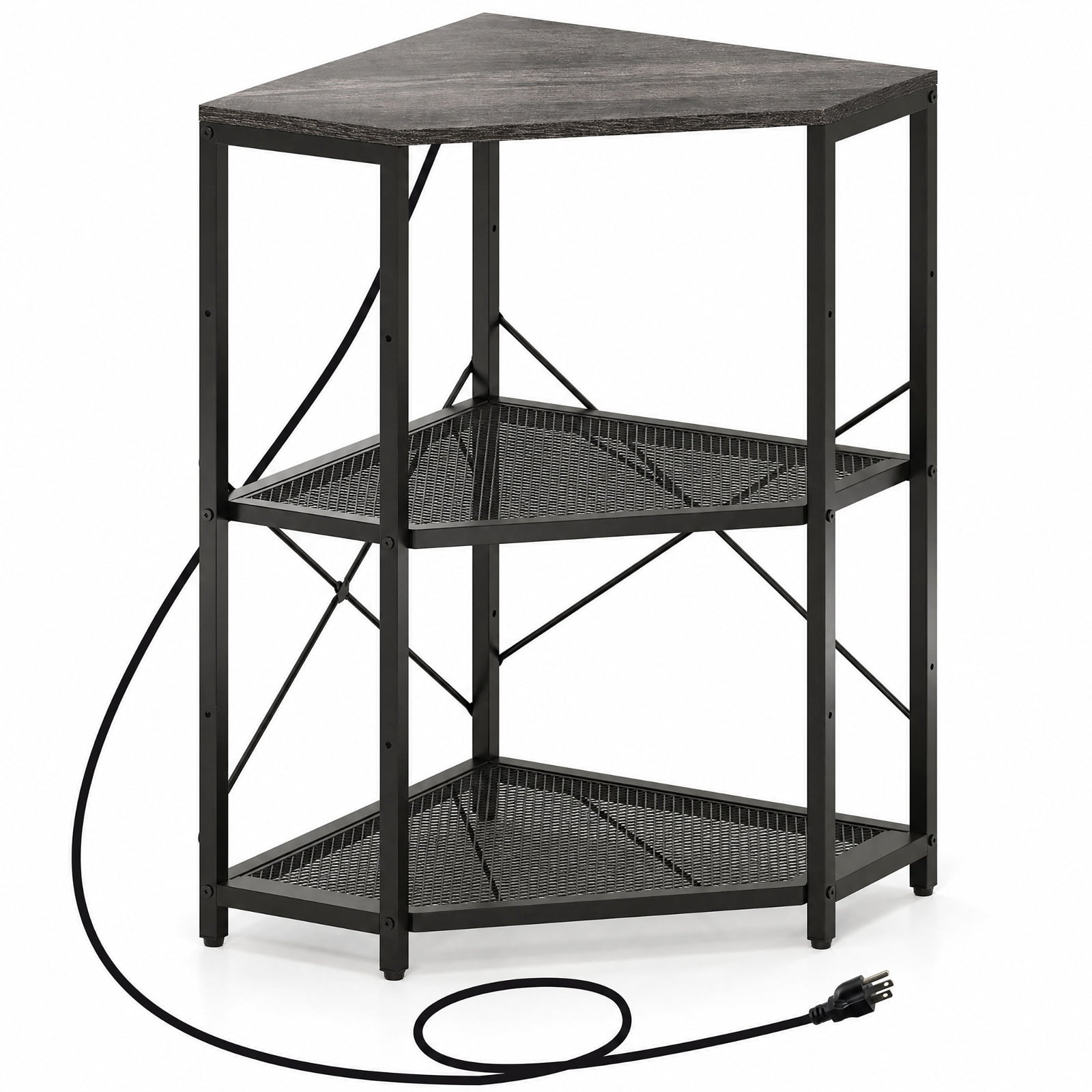 Furnibear Corner Printer Stand with Power Outlet 3-Tier Storage Rack with Adjustable Shelf for Home Office Printer Machine Under Desk Storage, Black