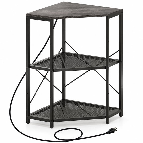 Furnibear Corner Printer Stand with Power Outlet 3-Tier Storage Rack with Adjustable Shelf for Home Office Printer Machine Under Desk Storage, Black