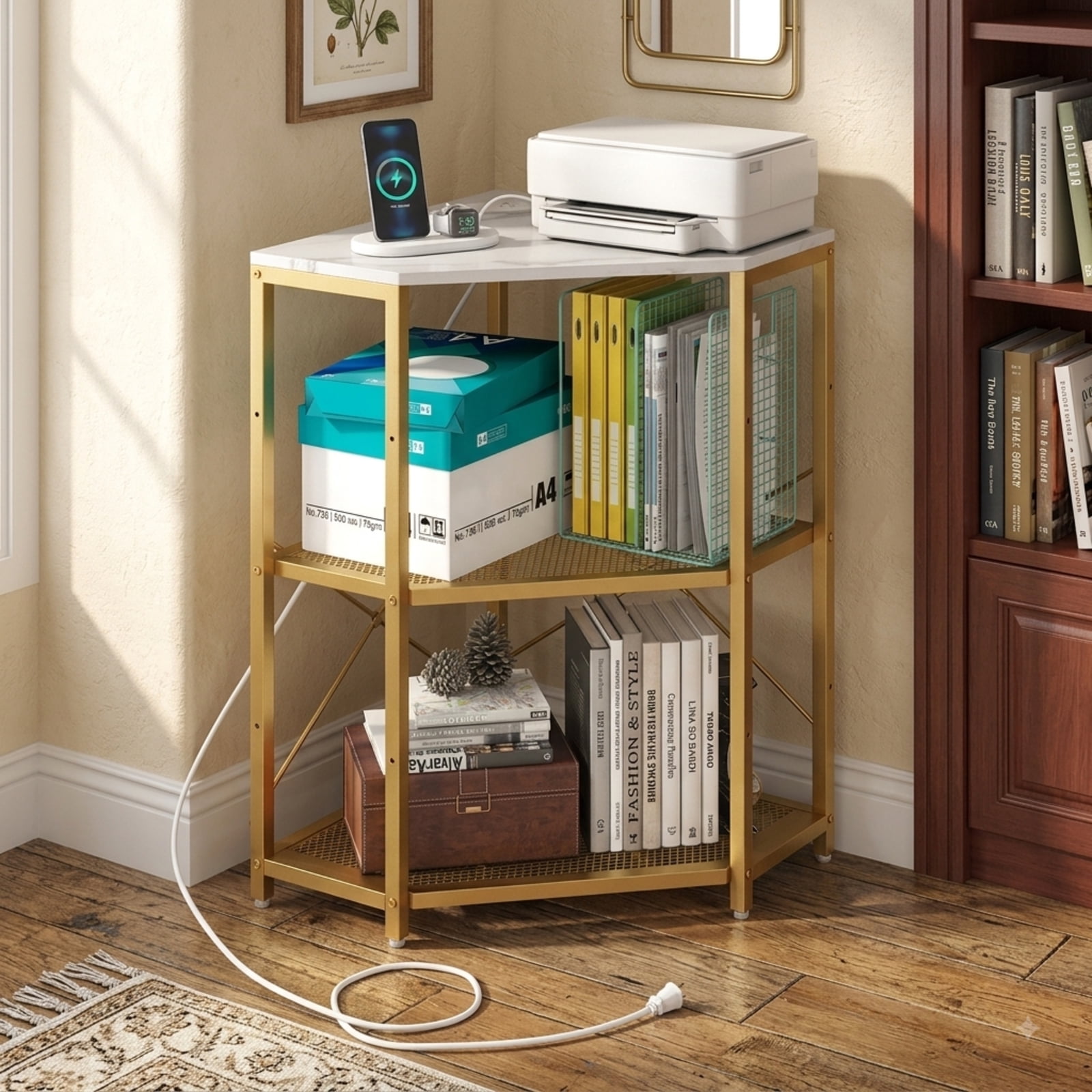 Furnibear Corner Printer Stand with Power Outlet 3-Tier Storage Rack with Adjustable Shelf for Home Office Printer Machine Under Desk Storage, White